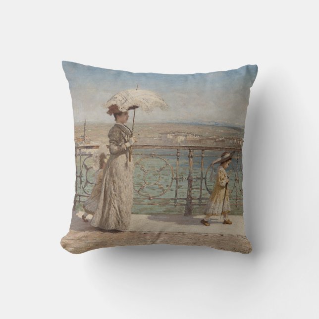 Elegant Family Walking on a Bridge in Italy Cushion (Front)