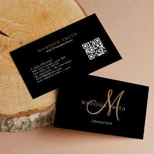 Elegant Fancy Black Gold Script Monogram QR Code Business Card