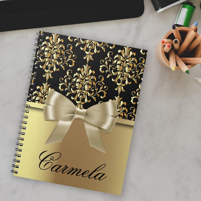 Elegant Fancy Chic Gold And Black Damask With Bow Notebook (Creator Uploaded)