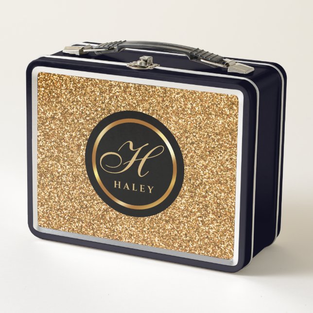 Elegant fancy Gold Glitter Effect Monogram Initial Metal Lunch Box (Front)