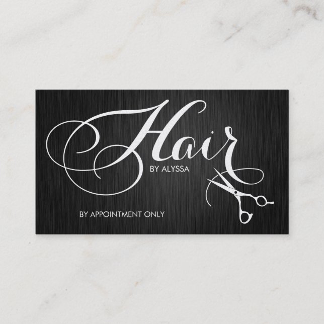 Elegant Fancy Script Hair Stylist on black fibre Business Card (Front)