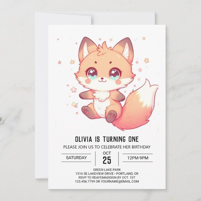 Elegant Fantasy Fox 1st Birthday Invitation (Front)