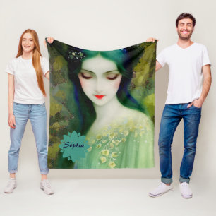 Elegant Fantasy Woman Portrait in Green and Blue Fleece Blanket