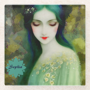 Elegant Fantasy Woman Portrait in Green and Blue Glass Coaster