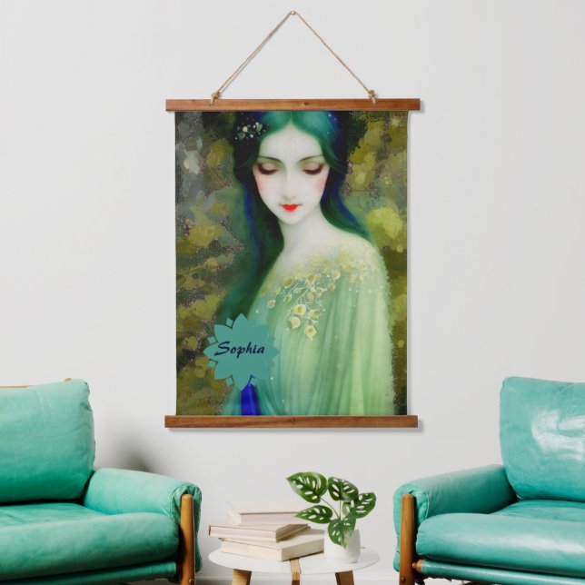 Elegant Fantasy Woman Portrait in Green and Blue Hanging Tapestry (Living Room)