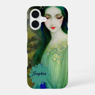 Elegant Fantasy Woman Portrait in Green and Blue iPhone 16 Case