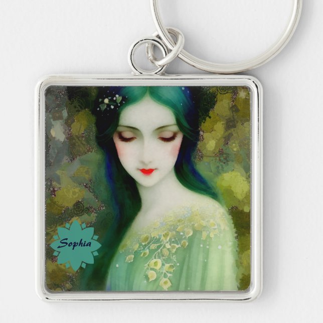 Elegant Fantasy Woman Portrait in Green and Blue Key Ring (Front)