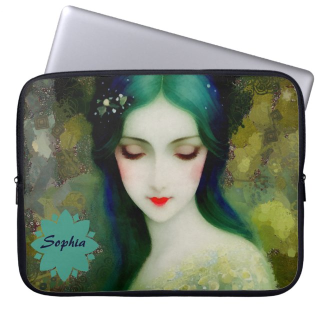 Elegant Fantasy Woman Portrait in Green and Blue Laptop Sleeve (Front)