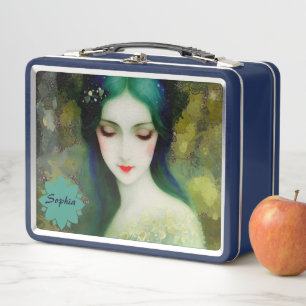 Elegant Fantasy Woman Portrait in Green and Blue Metal Lunch Box