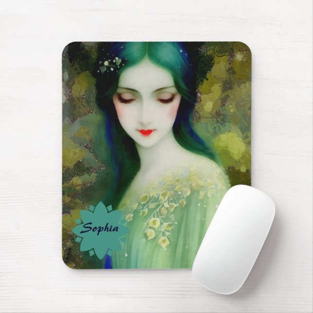 Elegant Fantasy Woman Portrait in Green and Blue Mouse Pad (With Mouse)