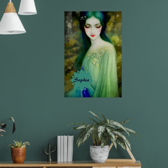 Elegant Fantasy Woman Portrait in Green and Blue Poster (Living Room 1)