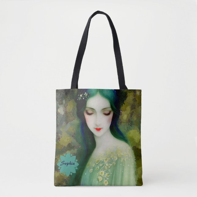 Elegant Fantasy Woman Portrait in Green and Blue Tote Bag (Front)