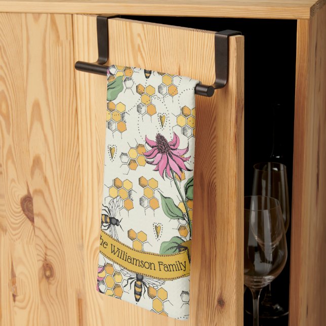 Elegant Farmhouse Bee & Honeycomb Family Name Tea Towel (Thirds Fold)