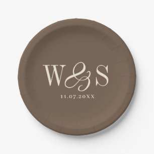 Elegant farmhouse brown initial wedding couples paper plate