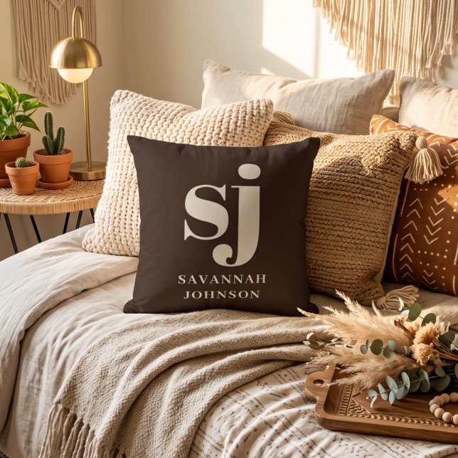 Elegant farmhouse brown monogram initials  cushion (Creator Uploaded)