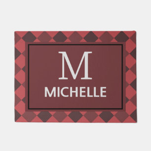 Elegant Farmhouse Red Buffalo Plaid Monogrammed Doormat