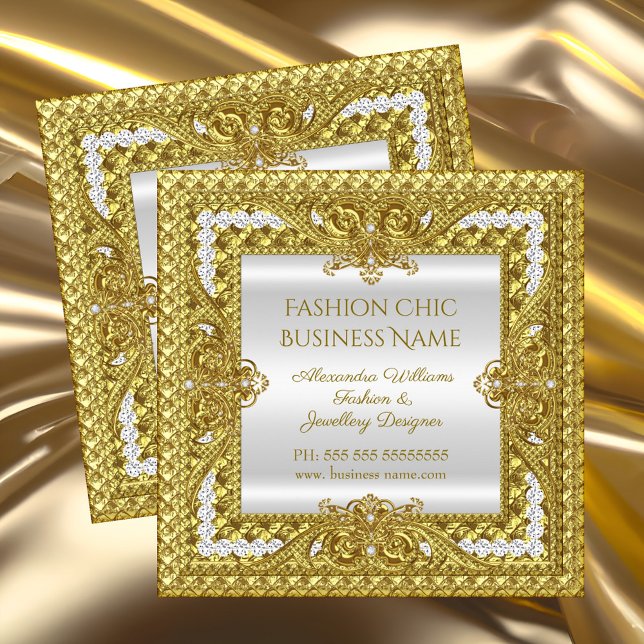 Elegant Fashion Jewellery Designer Gold Diamonds Square Business Card (Creator Uploaded)