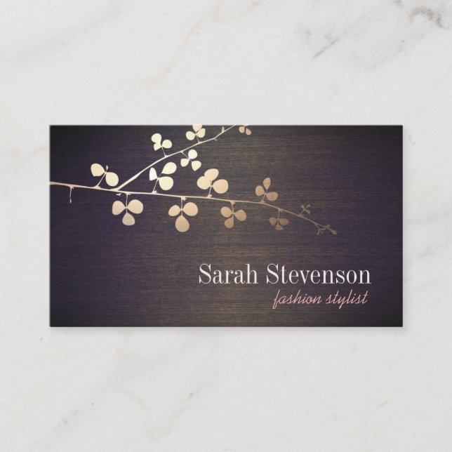 Elegant Fashion Stylist Gold Branch Wood Business Card (Front)