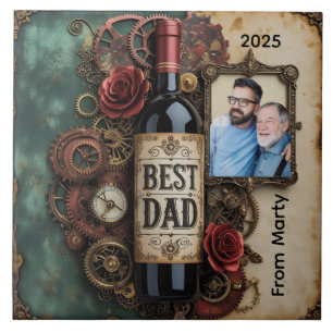 Elegant Father’s Day Steampunk Bottle and Gears Ceramic Tile