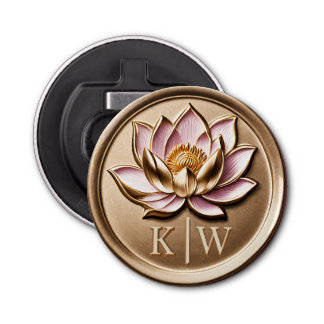 Elegant Faux 3D Gilded Pink Lotus Gold Monogram Bottle Opener