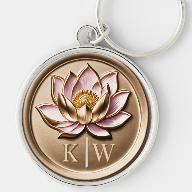 Elegant Faux 3D Gilded Pink Lotus Gold Monogram Key Ring (Front)