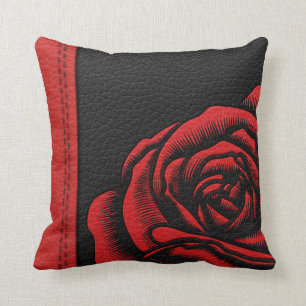 Elegant Faux Black Red Leather Rose Cushion