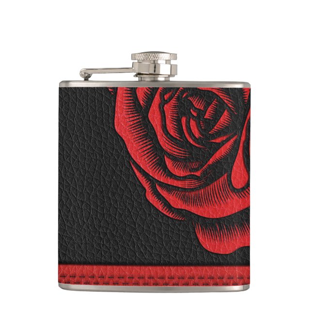 Elegant Faux Black Red Leather Rose Hip Flask (Front)