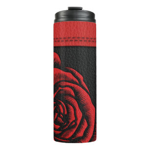 Elegant Faux Black Red Leather Rose Thermal Tumbler