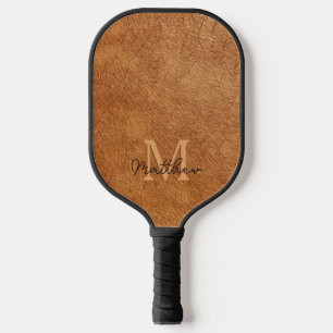 Elegant Faux Brown Leather Texture Personalised Pickleball Paddle