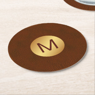 Elegant Faux Brown Texture & Gold Initial Name Round Paper Coaster