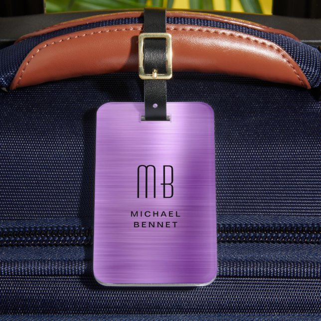 Elegant Faux Brushed Metal Purple Monogram Luggage Tag (Front Insitu 2)