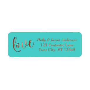 Elegant Faux Copper Foil Love Script w/ Turquoise Return Address Label
