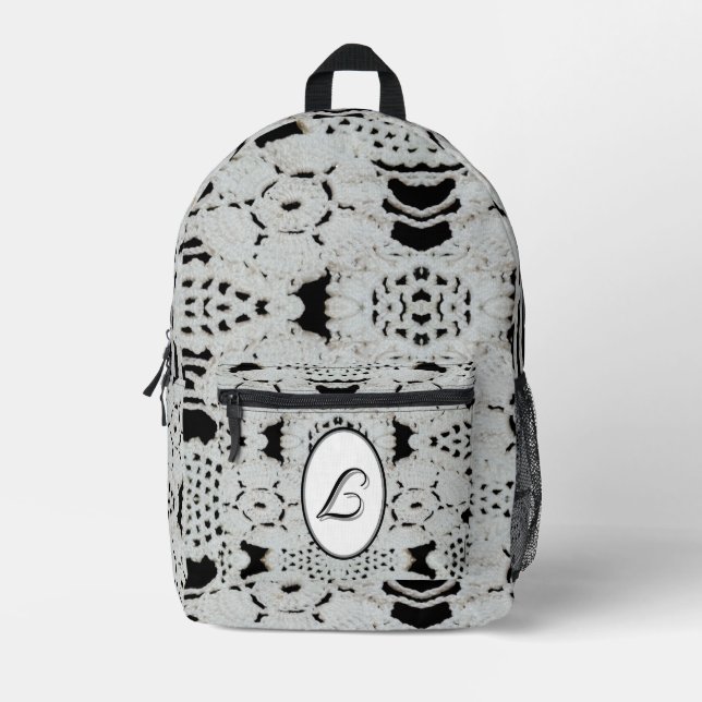 Elegant Faux-Crocheted Monogrammed Printed Backpack (Front)