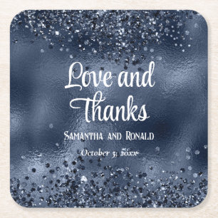 Elegant Faux Dark Blue Glitter and Foil Wedding Square Paper Coaster
