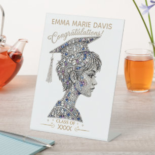 Elegant Faux Diamond & Sapphire Graduation Girl Pa Pedestal Sign