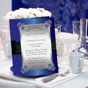 Elegant Faux Diamonds Sapphire Clasps Blue Wedding Invitation