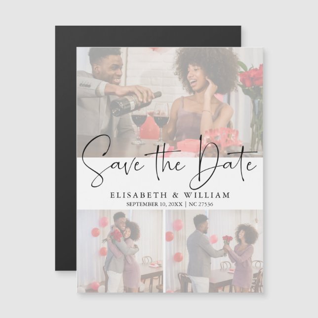 Elegant Faux Effect Overlay 3 Photo Save The Date Magnetic Invitation (Front/Back)
