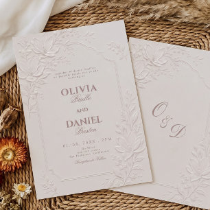 Elegant Faux Embossed Floral Blush Neutral Wedding Invitation