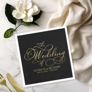 Elegant Faux Foil Black Gold Calligraphy Wedding Napkin