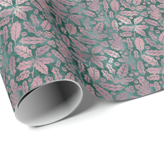 Elegant Faux Foil Christmas Plaid Botanicals Wrapping Paper (Roll Corner)