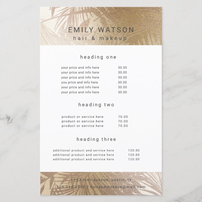 elegant faux foil gold salon price list (Front)
