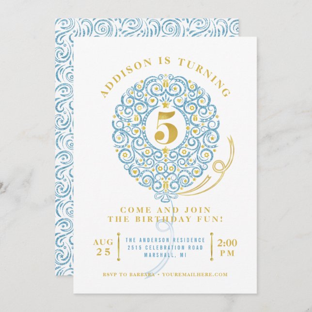 Elegant Faux Foil Lacy Balloon 5th Birthday Party Invitation (Front/Back)