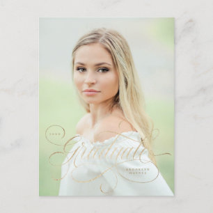 Elegant faux-foil script photo graduation postcard