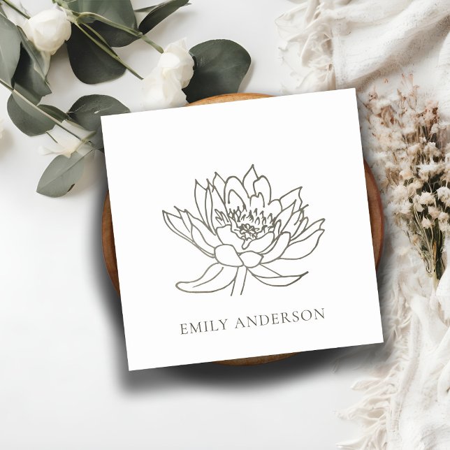 ELEGANT FAUX FOIL SILVER LOTUS LINE DRAWING FLORAL SQUARE BUSINESS CARD (Creator Uploaded)
