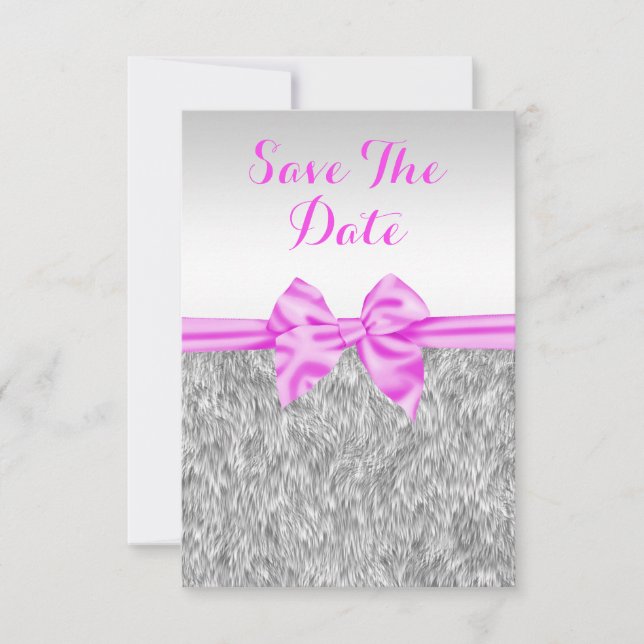 Elegant Faux Fur & Pink Bow Birthday Save The Date (Front)