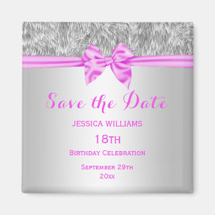Elegant Faux Fur & Pink Bow Birthday Save The Date Magnet