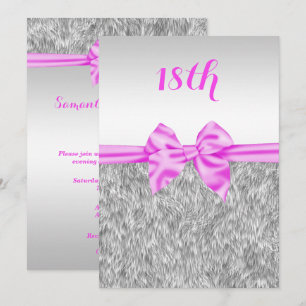 Elegant Faux Fur & Pink Silk Bow 18th Birthday Invitation