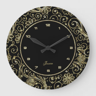 Elegant Faux Glitter And Gold On Black Large Clock
