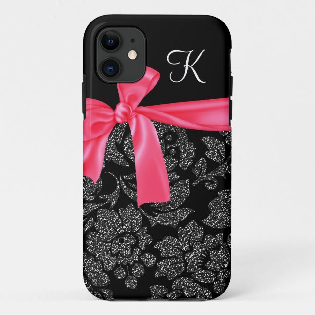 Elegant Faux Glitter Damask Girly Hot Pink Bow Case-Mate iPhone Case (Back)