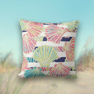 Elegant Faux Glitter Seashells on Stripes Cushion